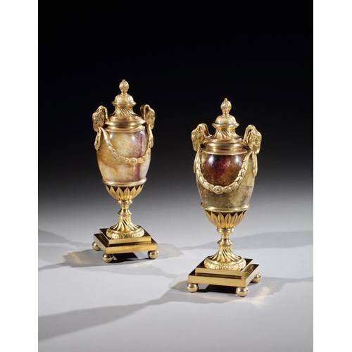 A Pair of Ormolu Mounted Blue John Goat’s Head Candle Vases